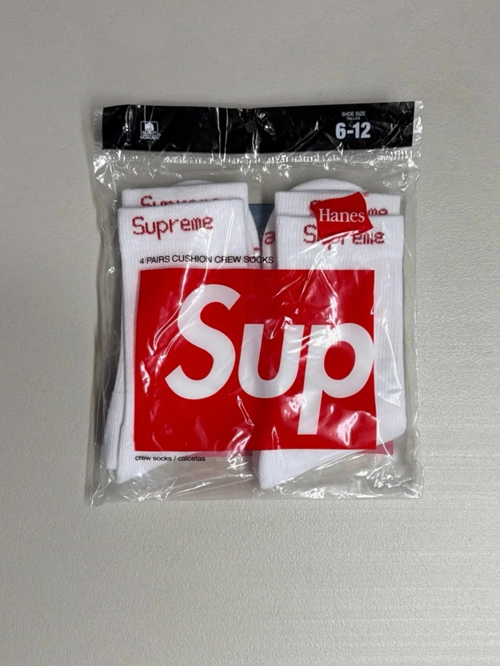 Supreme x Hanes White Crew Socks with Red Logo - 4 Pairs